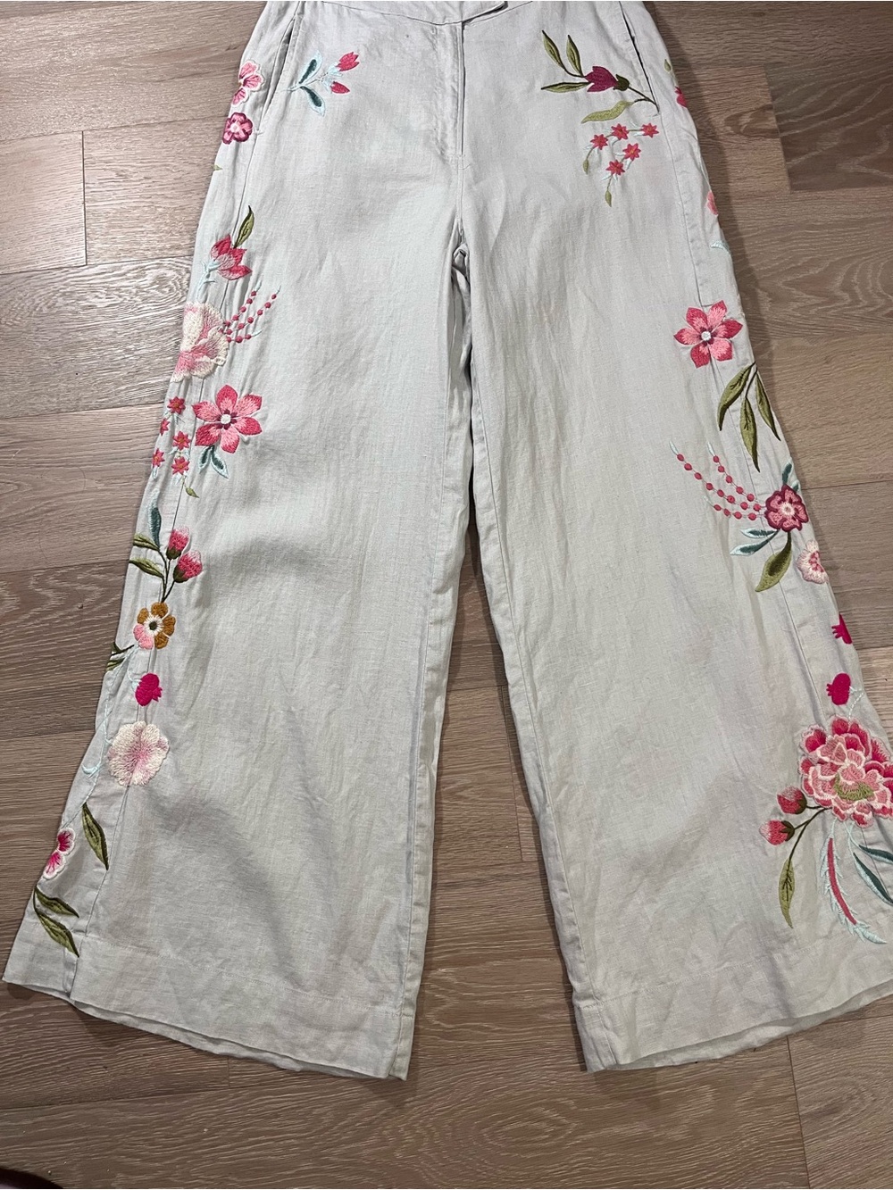 Johnny Was Joya Embroidered Wide Leg Linen Pants Sand Small Boho - Picture 4 of 12